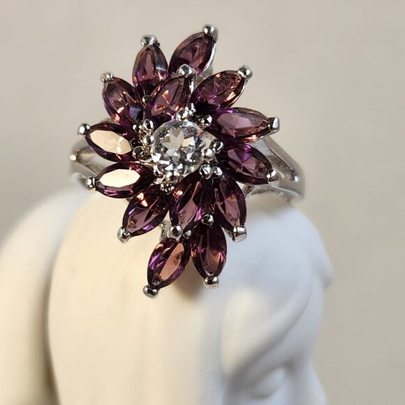Estate Jewelry - HOLD 1997 Vintage Marquise Amethyst Cluster Ring Stamped "18KGE" "KAOS" Size 9